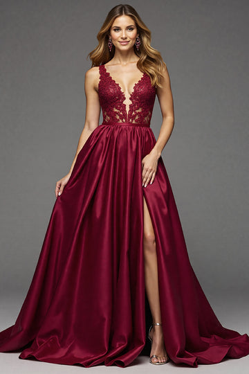 A Line Appliqued Long Burgundy Prom Dress With Slit